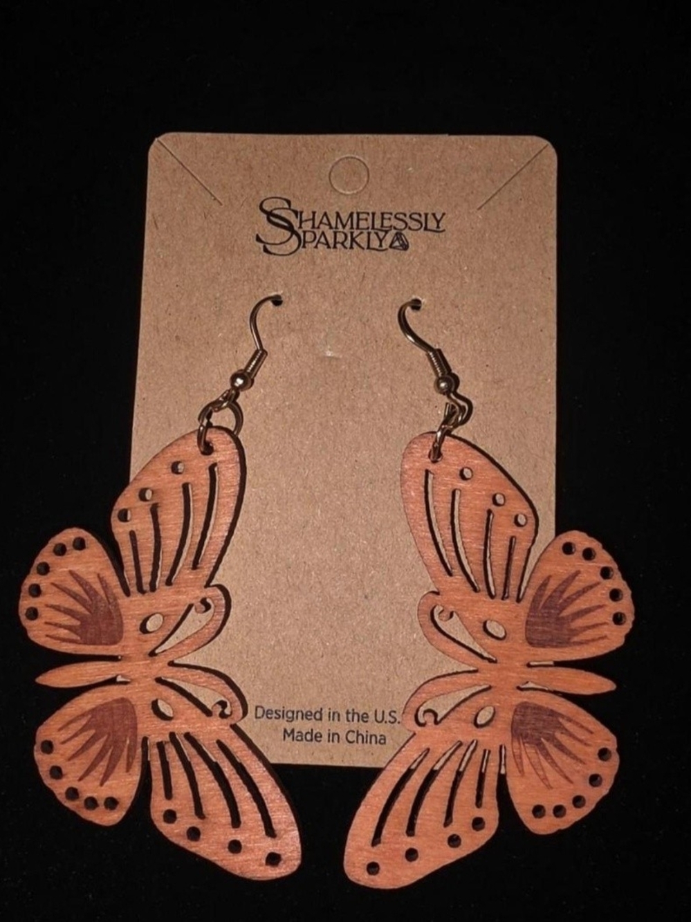 Wooden Butterfly Dangle Earrings — Brown